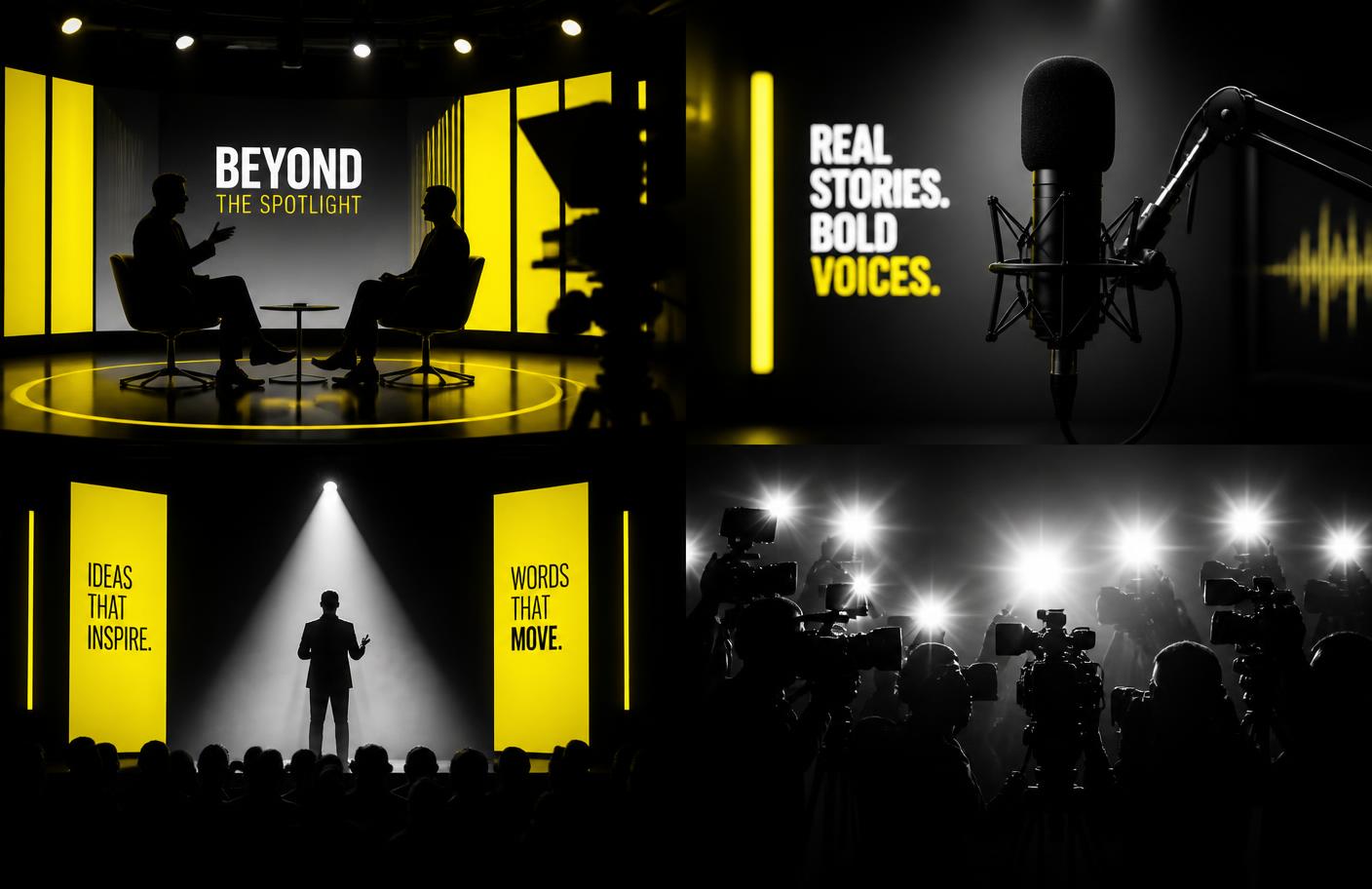 Montage of a TV interview set, podcast microphone, stage spotlight and press cameras