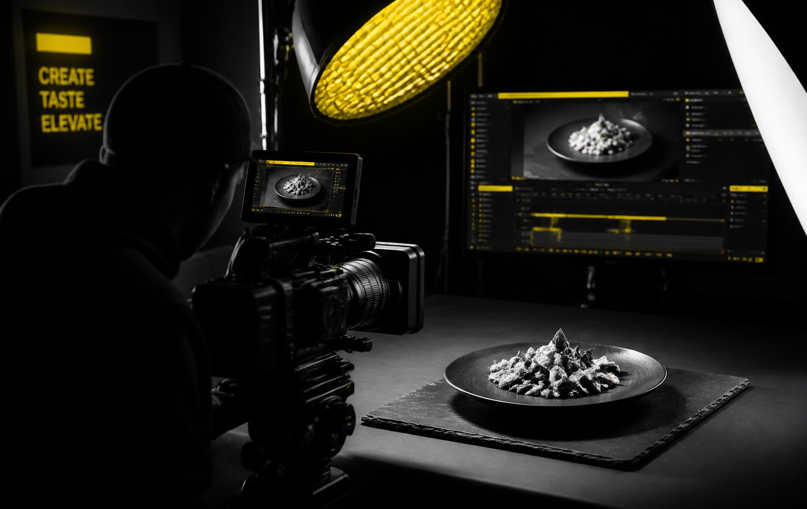 Videographer filming a plated dish on a dark production set with an editing timeline behind